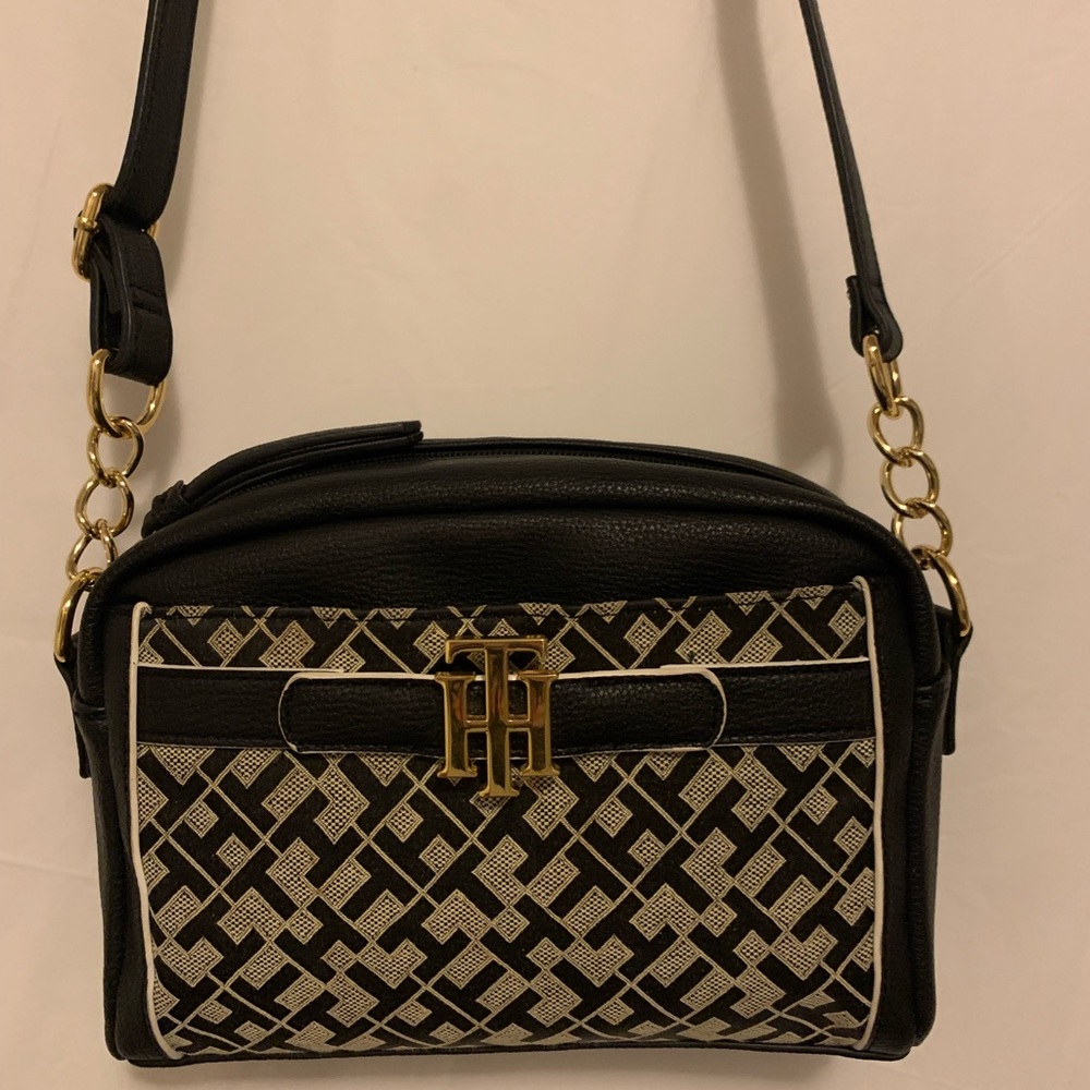 Tommy Hilfiger Black and White Monogram Crossbody Bag